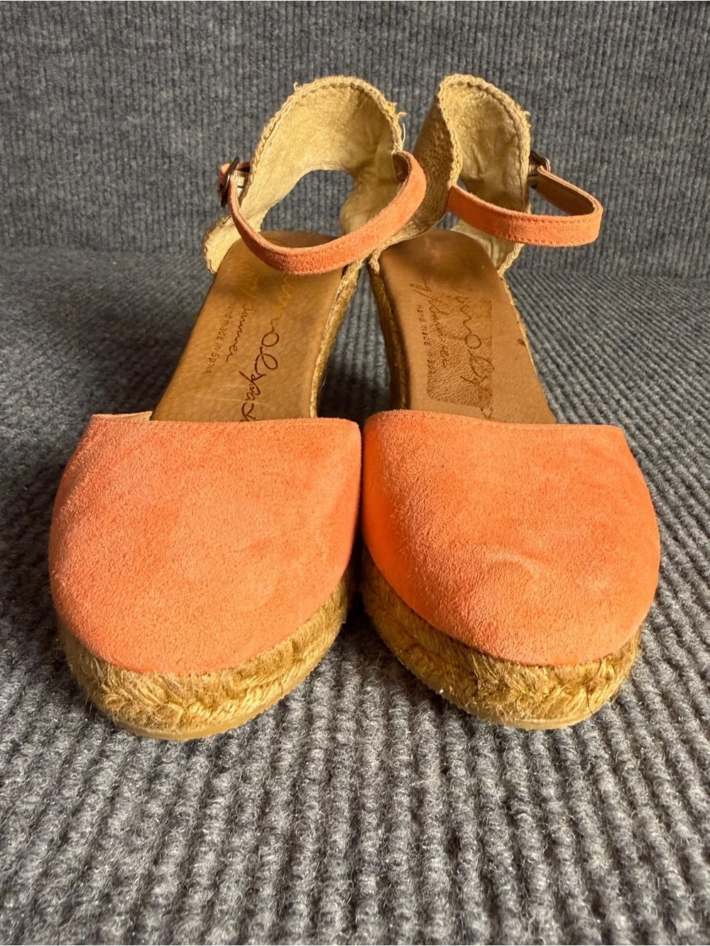 Gaimo Spain Orange Coral Suede Wedge Espadrille Sandals Ankle Strap Size 40